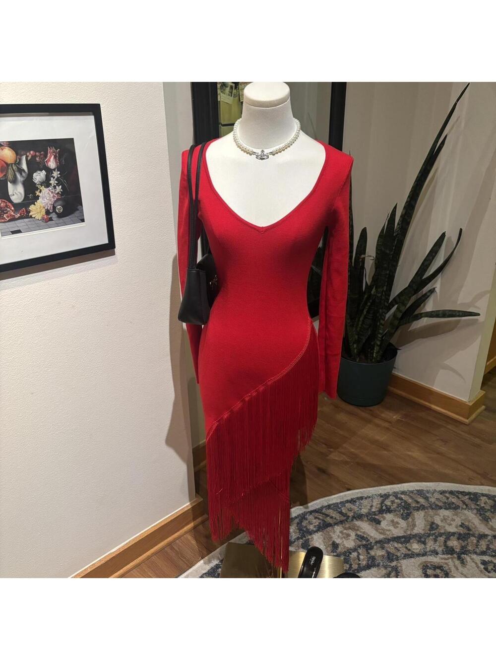 Fashion Nova Red Fringe Midi Dress Bodycon Salsa Latin Dance S